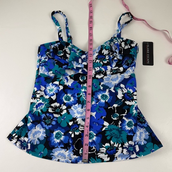 Island Escape Tankini Bikini Top Womens 8 Black Blue Multi Floral Swim NWT - Picture 6 of 9